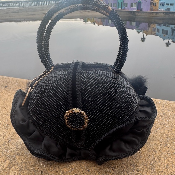 Mary Frances Black Beaded Evening Bag Fur Filigree Rhinestones Rose Handbag - Picture 3 of 5